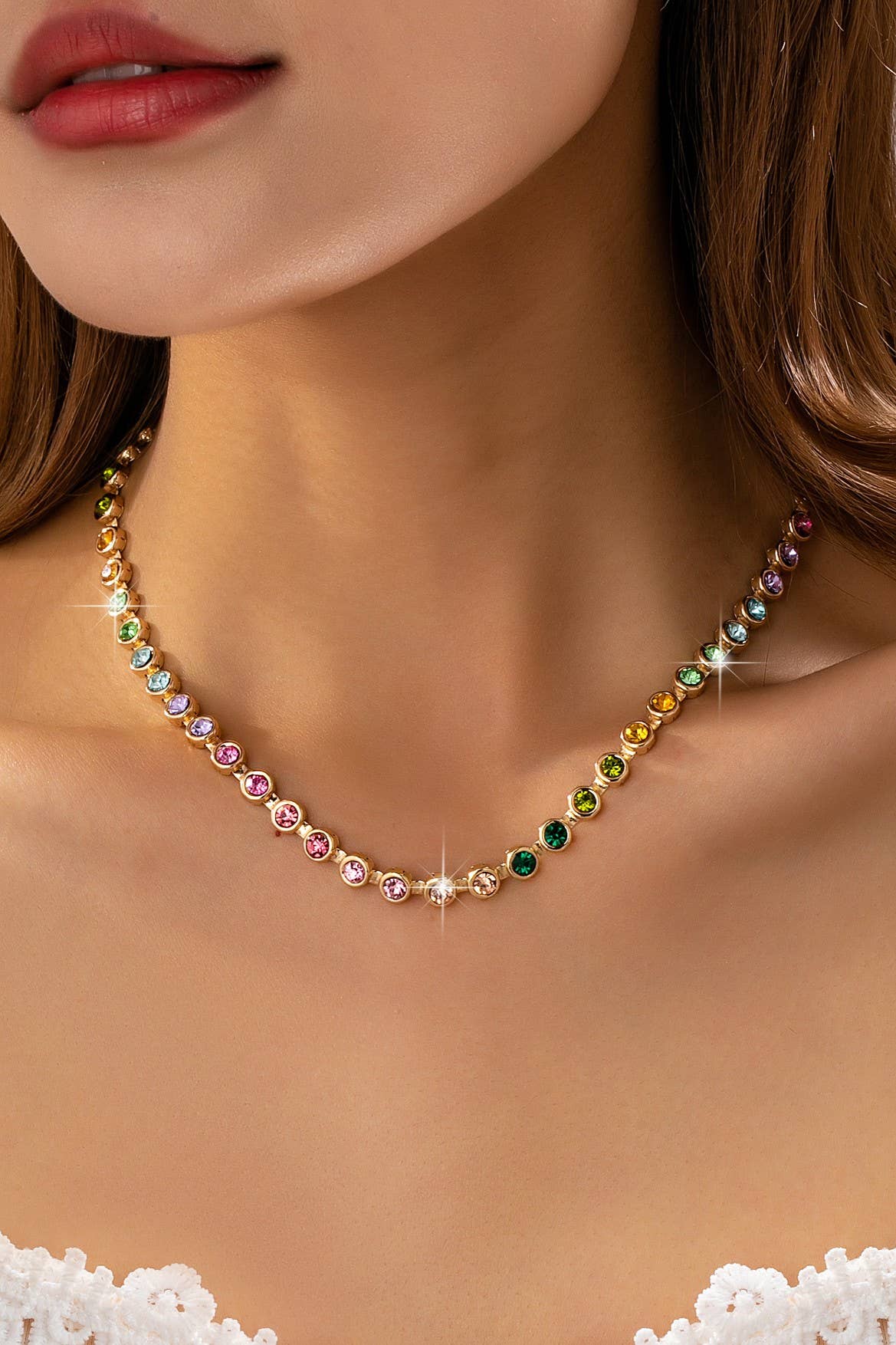Rainbow Bezel-Set Gemstone Tennis Necklace | 80N92827