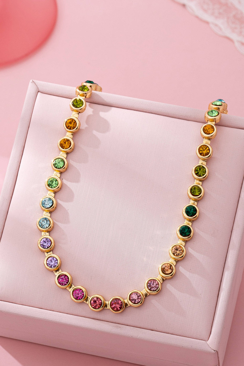 Rainbow Bezel-Set Gemstone Tennis Necklace | 80N92827