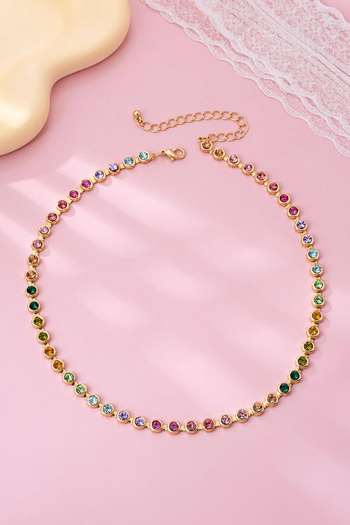 Rainbow Bezel-Set Gemstone Tennis Necklace | 80N92827